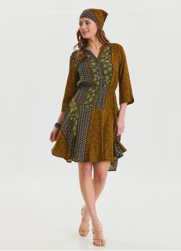 Green Patterned Midi Dress with Judge Collar and Button Detail 4462